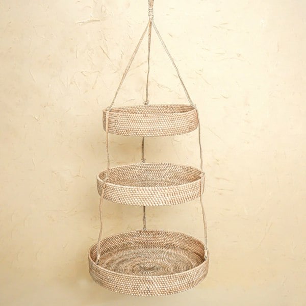 Dark brown rattan hanging kitchen counter basket organisation wicker