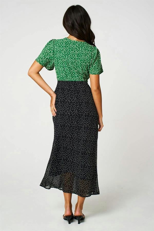 FS Collection Black Dot & Green Floral Print Angel Sleeve Maxi Dress