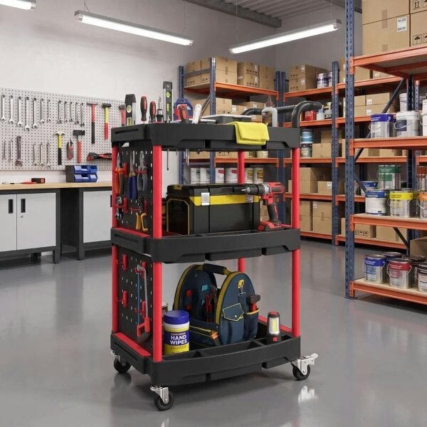 3-Tier Rolling Tool Cart with Pegboard and Hooks, Storage Trolley Wheel Cart with Brakes, Black & Red