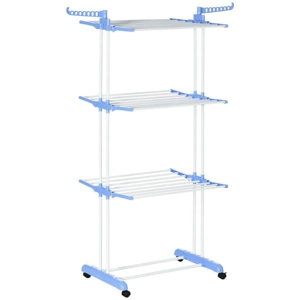 Foldable 4-tier drying rack on casters, white frame with blue accents, front view.