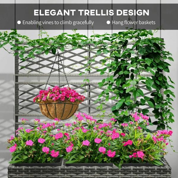 Light grey rattan planter with lattice trellis, hanging baskets, and pink blooms