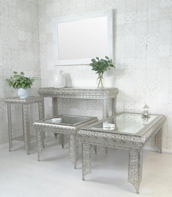 Downton Interiors Silver Embossed Metal Mirrored Glass Side Table with Shelf - Agadir Range