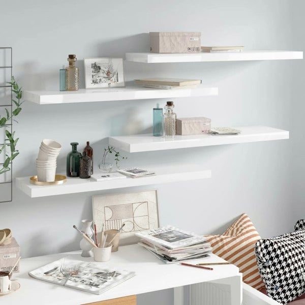 Berkfield Floating Wall Shelves 4 pcs High Gloss White 90x23.5x3.8 cm MDF