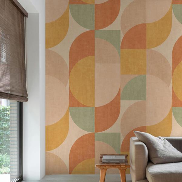 Grandeco Badia Retro Geometric Curves 3 panel repeatable Mural 1.59 x 2.8m, Orange