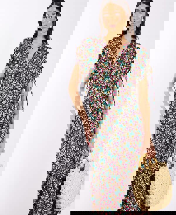 Multicoloured Floral Gathered Sleeve Midi Dress