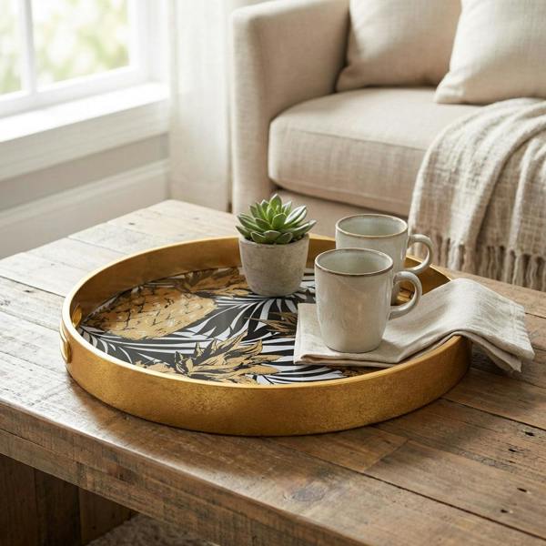 Maison des Cadeaux Round Decorative Gold Tropical Pineapple Serving Candle Drinks Tray
