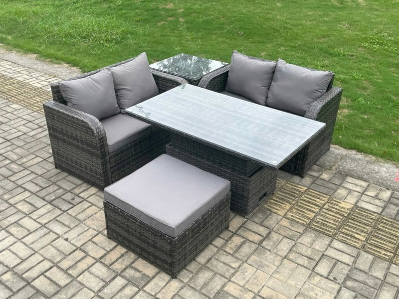 Fimous Outdoor Rattan Furniture Garden Dining Set Height Adjustable Rising lifting Table Love Sofa Set With Side Table Big Footstool Dark Grey Mixed