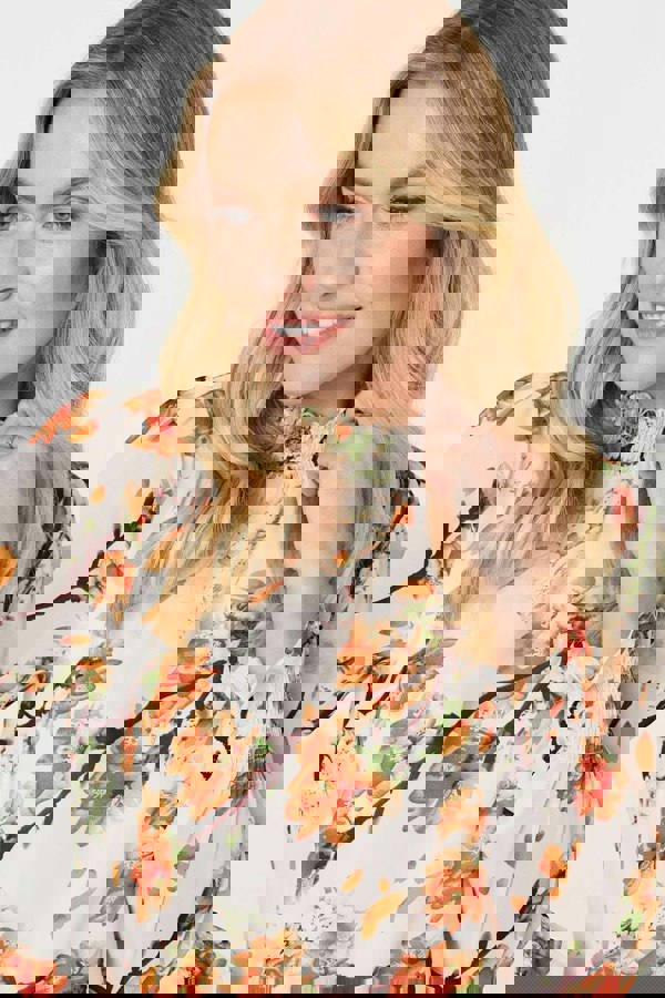 Orange | Floral Shirred High Neck Blouse