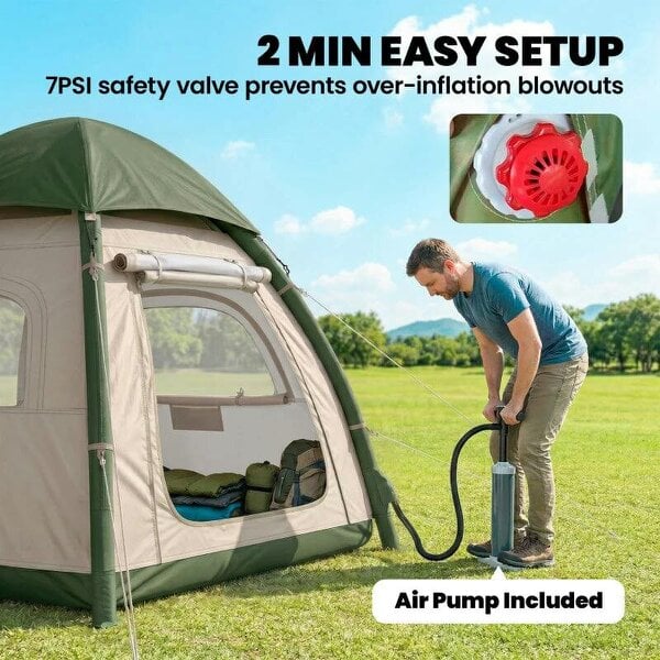Inflatable Camping Tent with Rainfly, 2-3 Man Air Tent 3000mm Waterproof Blow Up Tents, Beige