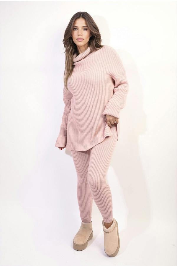 Mila Chunky Knitted High Roll Neck Top Bottom Co-ord Set - Dusty Pink