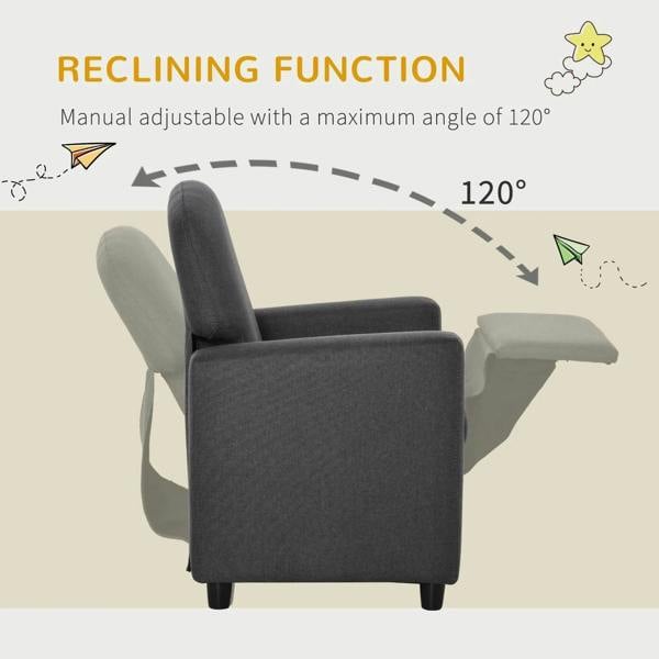 Grey kids armchair sofa with footrest, reclined side view on sturdy legs