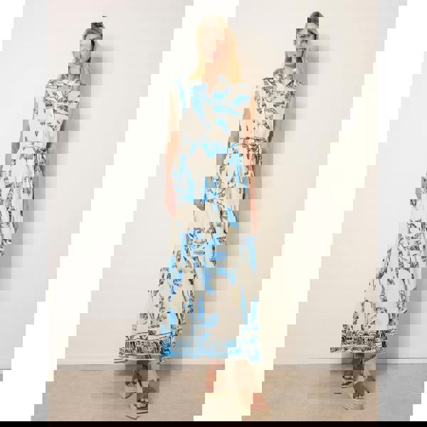 Blue Vanilla Leaf Print Collarless Shirt Dress With Belted Waist