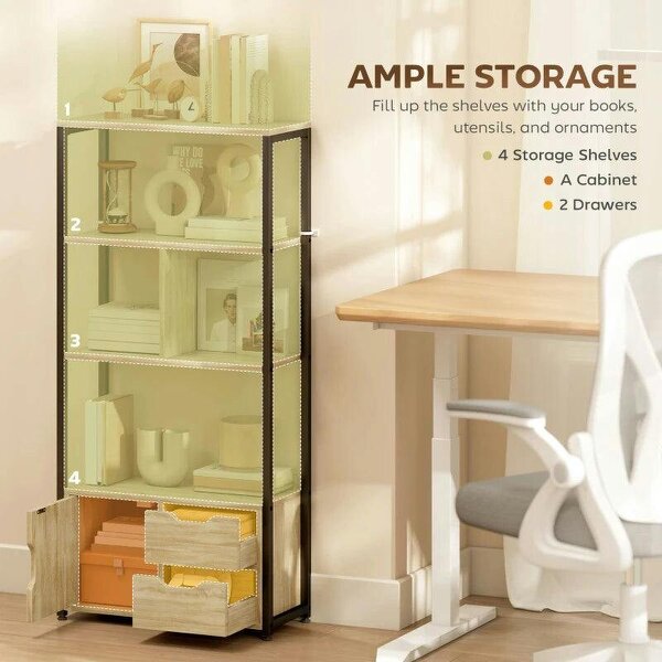 4-Tier Bookcase, Bookshelf with 1 Cabinet and 2 Drawers for Living Room, Bedroom, Study, Natural Wood