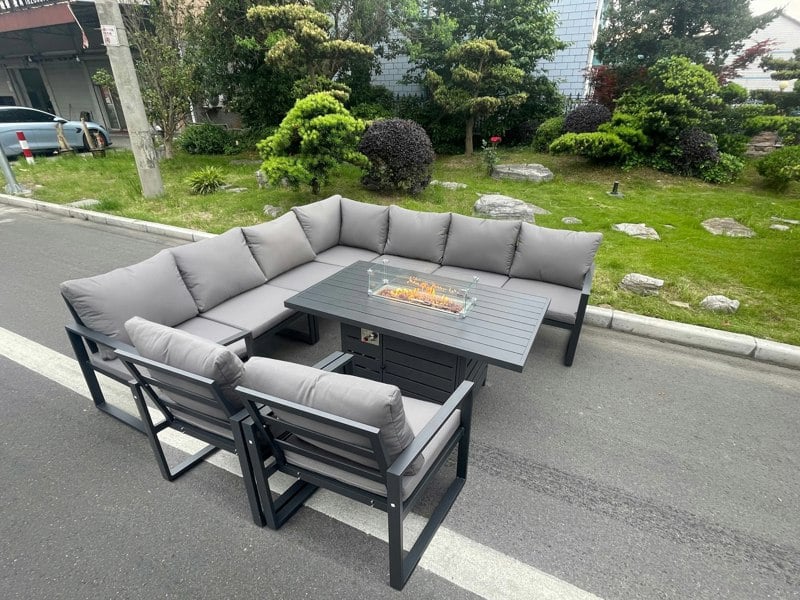 Fimous Aluminum Outdoor Garden Furniture Corner Sofa 2 PC Chairs Gas Fire Pit Dining Table Sets Gas Heater Burner Dark Grey 9 Seater