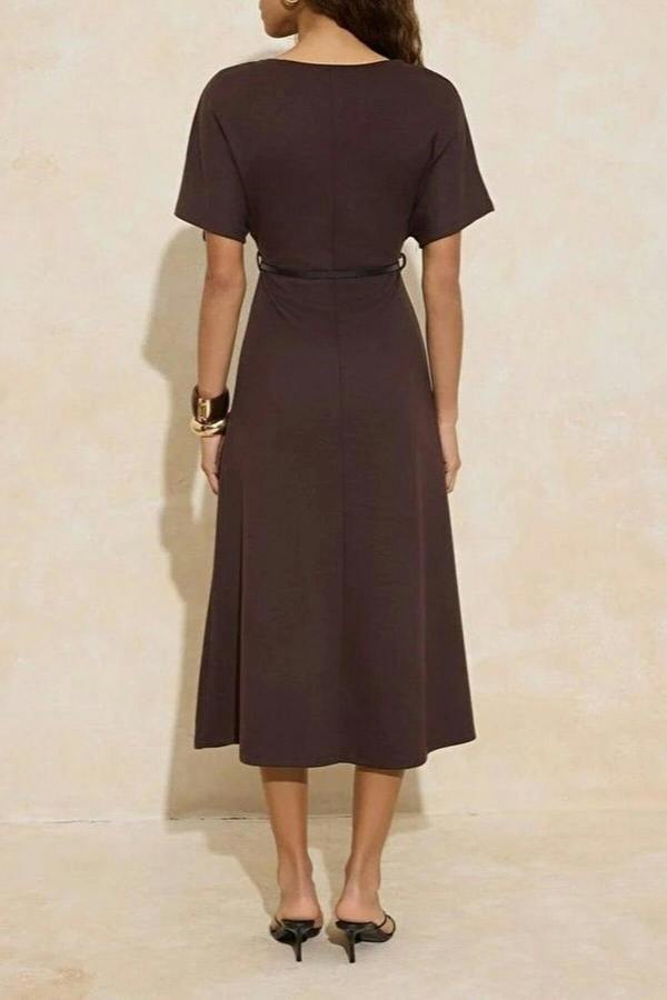 WOVCOR A-Line Boat Neck Short Sleeved Belted Midi Knitted Dress