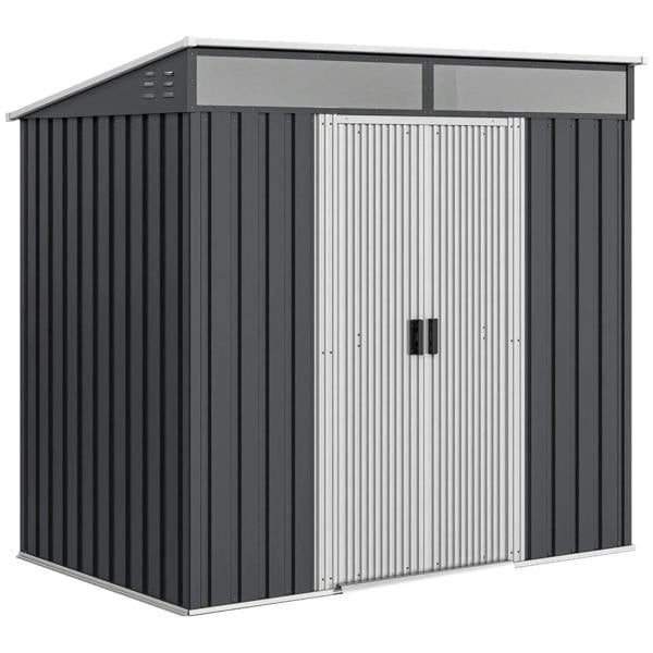 Grey metal garden shed with double sliding doors and central handle latch