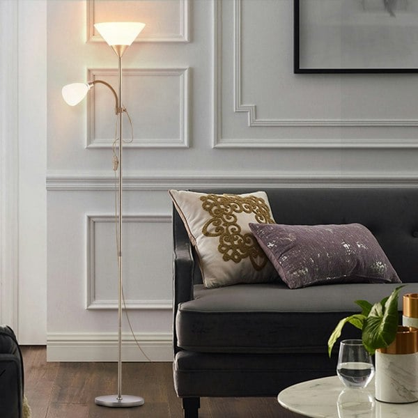 Torchiere Double Heads Floor Lamp Adjustable Reading Light Silver/Grey Lighting Living and Home Brass