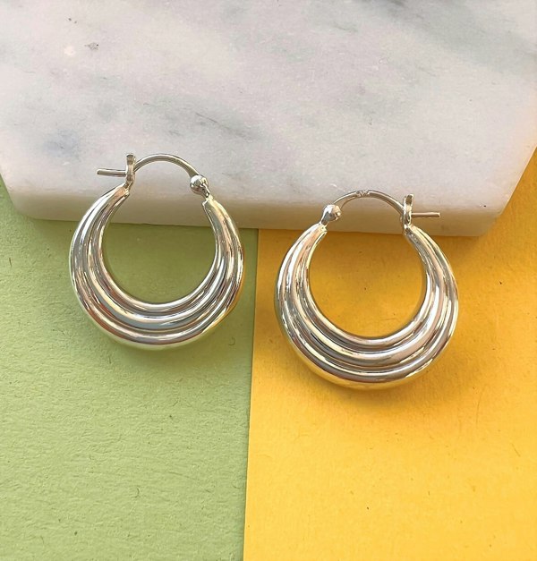 Sterling Silver Ridged Hoop Huggie Earring