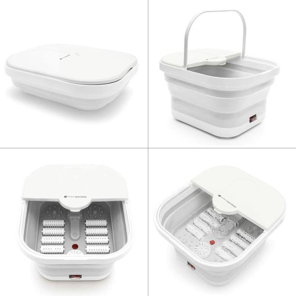 Collage showcasing the Foldaway Foot Spa Bath, highlighting its versatility, foldable design, and different uses. It features reflexology rollers and water jets, offering one of the best foot massage spa experiences. This foot spa machine is designed for at-home relaxation and therapeutic benefits.