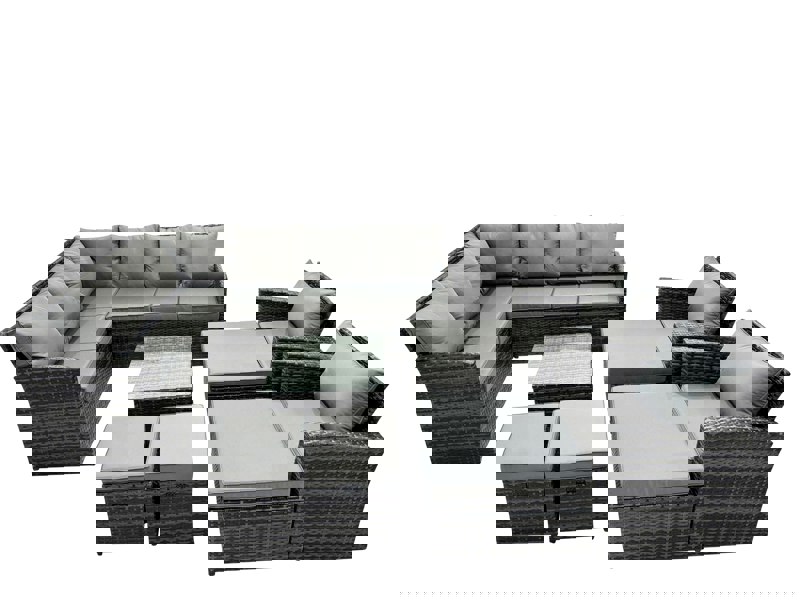 Fimous 12 Seat Poly Rattan Outdoor Patio Coffee Table Corner Sofa Set with 4 Stools 2 Chairs for Garden Backyard Dark Grey Mixed