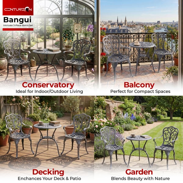 Centurion Supports BANGUI Grey Luxurious Garden and Patio Table and 2 Large Chairs with Armrests Cast Aluminium Bistro Set