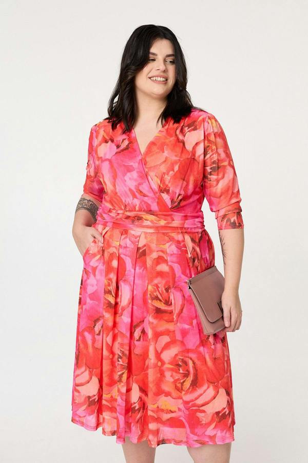 Orange | Curve Floral Mesh Midi Faux Wrap Dress