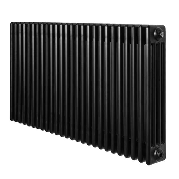 Traditional 4 column radiator in sleek black finish, measuring 600 x 1190mm, featuring a ribbed texture for efficient heating