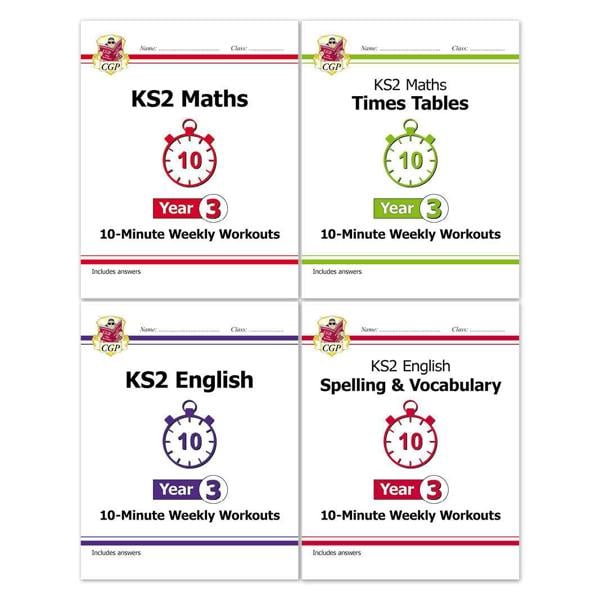 CGP KS2 Year 3 10-Minute Weekly Workout Bundle – Ages 7-8 (Maths, English, Times Tables, Spelling and Vocabulary)