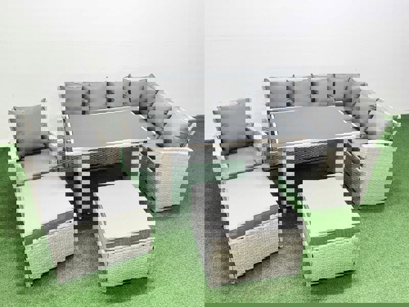 Fimous Outdoor Garden Furniture Set 9 Seater Rattan Corner Sofa Set with Rectangular Dining Table Lounge Sofa 2 Big Footstools Armchair Light Grey