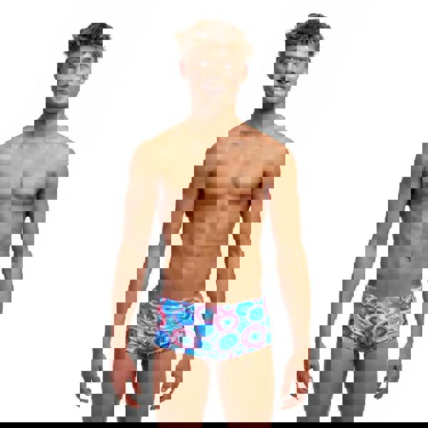 Funky Trunks Boys Bundjalung Blue Sidewinder swim briefs in blue pink abstract circle pattern with wide elastic leg