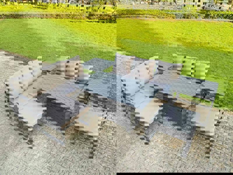 Fimous 8 Seater Garden Furniture Set Aluminium Adjustable Rising Lifting Dining Table and Sofa with 2 Side Tables 2 Footstools Dark Grey