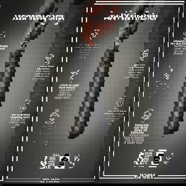 A hand holds a dark gray, cylindrical thermos. Features include a hideaway handle, crevice-free design, and wide mouth. The thermos is described as award-winning and double-walled stainless steel.