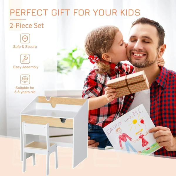 White kids study desk and chair set with light wood top and built-in storage