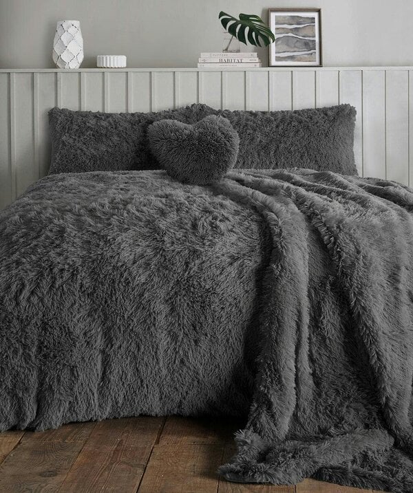 Night Zone Alaska Cuddles Long Fur Teddy Fleece Duvet Cover Set – Warm Bedding with Pillowcases - Charcoal