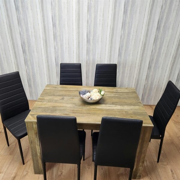 Kosy Koala Dining Table and 6 Black Metal Leather Chairs Rustic Effect Wood Dining Room