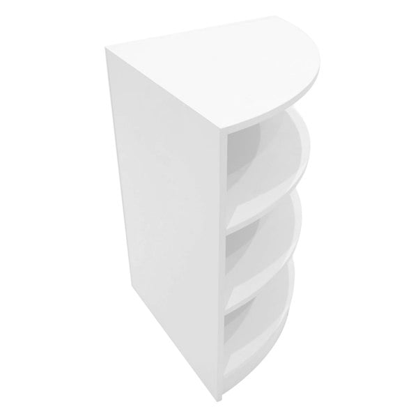 Curved white LED shop counter with four open shelves, designed for modern retail displays and efficient product organization