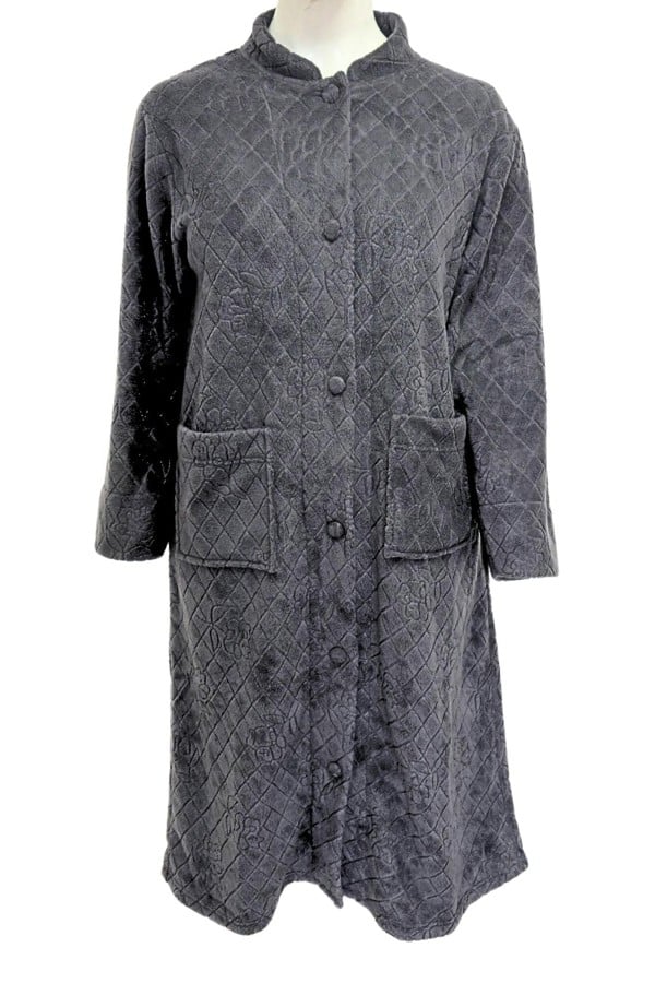 Camille Womens Soft Fleece Floral Full Length Button Up Housecoats - GREY