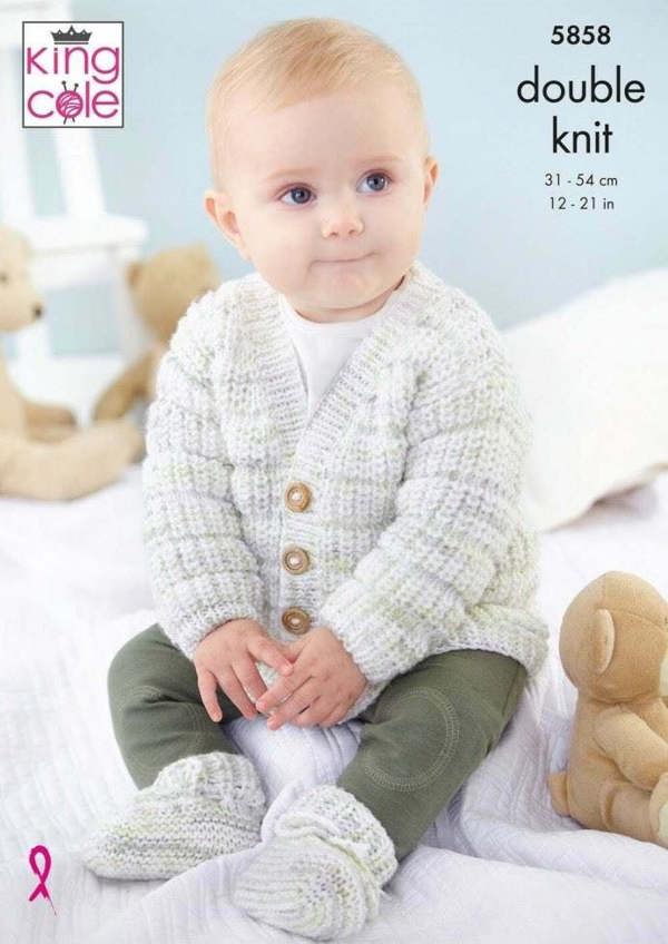 King Cole Little Treasures DK Knitting Pattern 5858, Cardigans, Sweaters, Shoes for Baby, 12 - 21 Inches