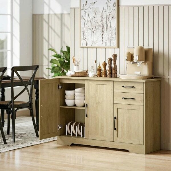 Sideboard with 2 Drawers Modern Storage Cabinet, Kitchen Cupboard with Adjustable Shelf and 3 Doors Natural - Natural wood finish