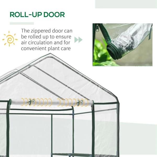 Walk-in greenhouse roll-up zipped door with roof frame and zip rail detail