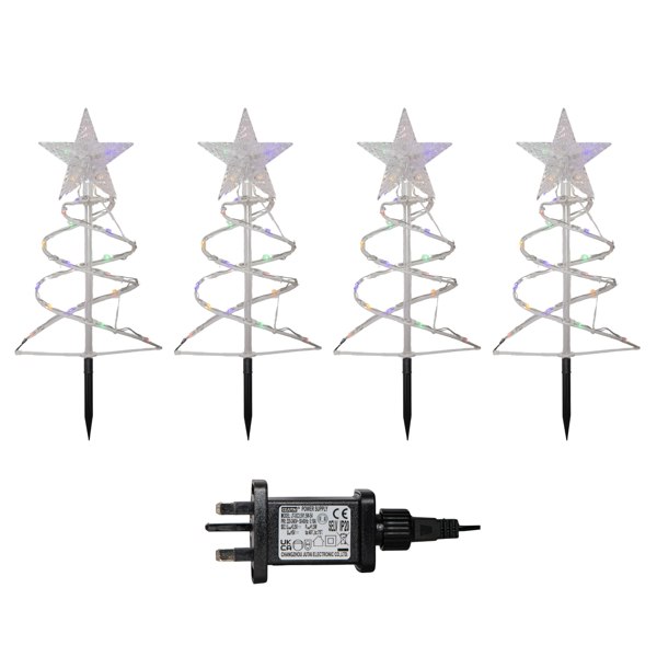 Samuel Alexander 45cm Set of 4 Light up White Spiral Christmas Tree Garden Path Lights with 100 Multi-Coloured LEDs