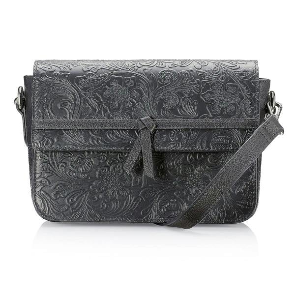 Pia Navy Floral Leather Cross-Body Bag, Embossed Bag with Silver Fittings