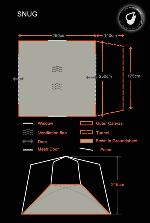 Specification & footprint graphic for Snug Poled Tailgate Awning OLPRO