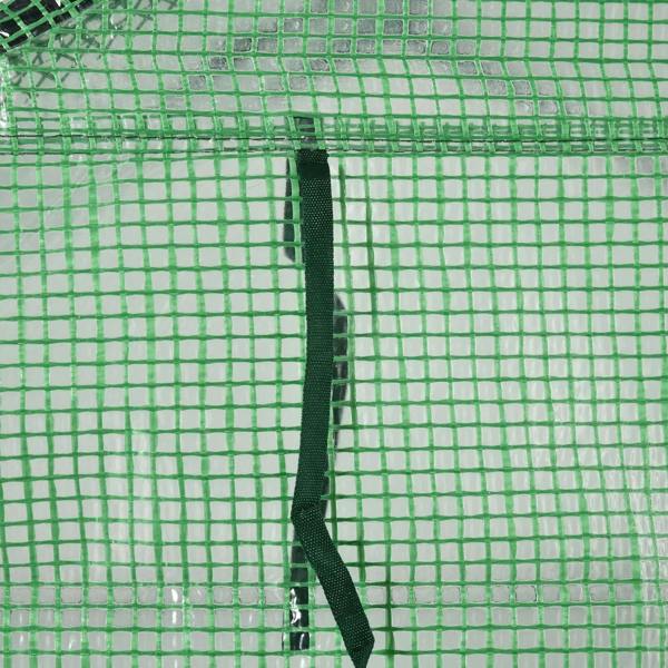 Close-up of translucent mesh PE cover with reinforced corner seam and ties