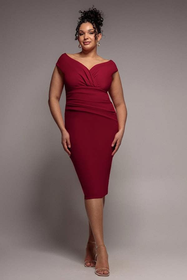 Scuba Bardot Pleated Midi Dress - Wine DR4135P
