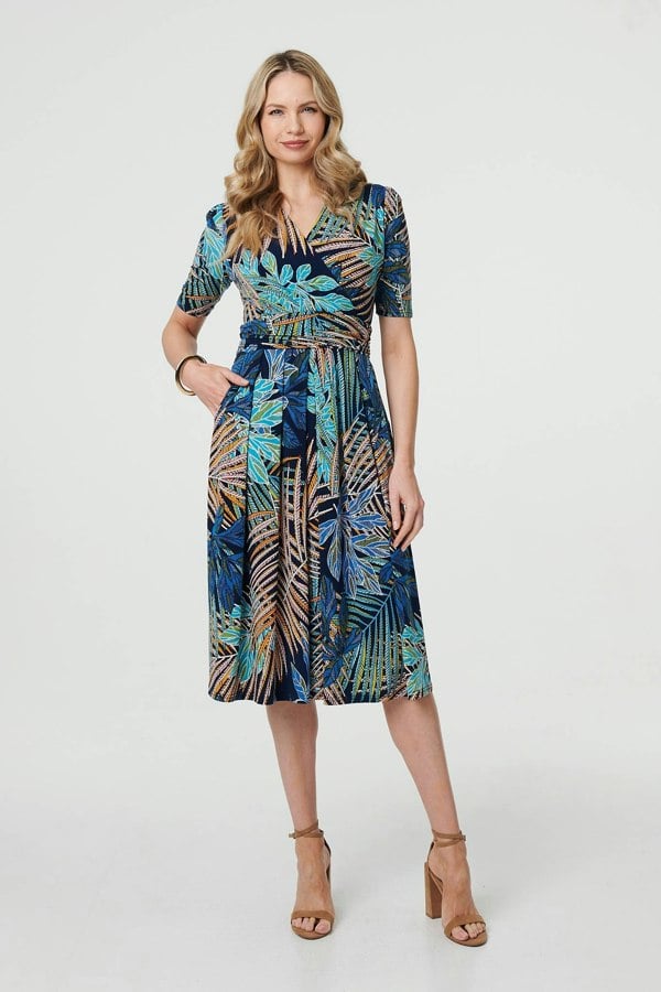Blue | Leaf Print Wrap Front Pleat Midi Dress
