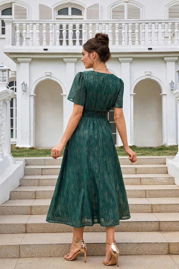 FS Collection Angel Sleeve Gold Stripe Foil Midi Dress In Green