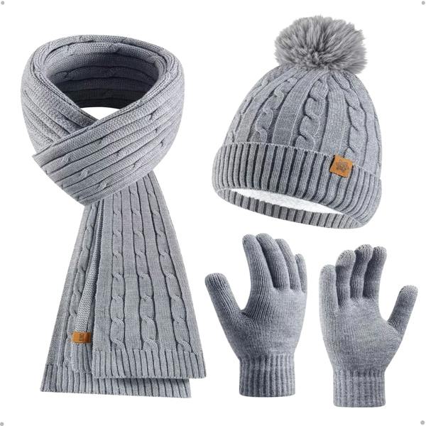 VIA MONTEN Women Scarf, Hat and Golves Set of 3 - Grey