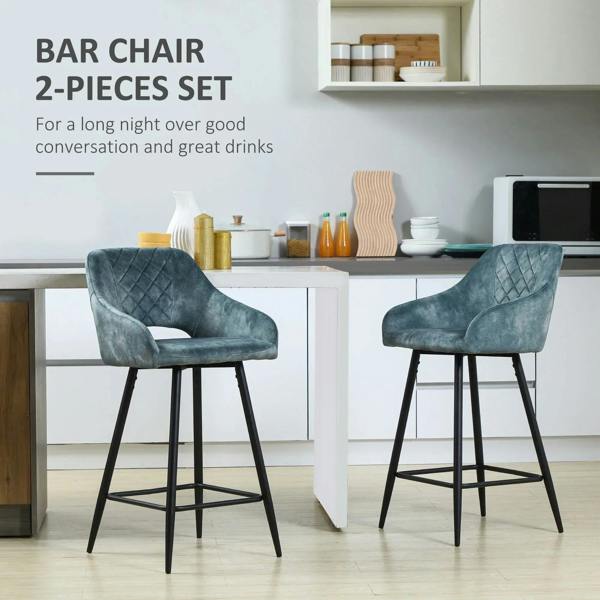Blue velvet-touch counter height bar chair set of 2 with wide padded seats and black legs