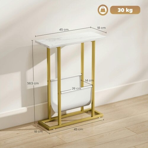 Wyld Haus Vanozi Wooden White Marble Grain Slim Side Table With Magazine Holder For Small Spaces
